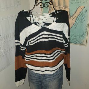 SOLD Striped Lace-Up Cropped Wide Neck Sweater Black White Cinnemon M